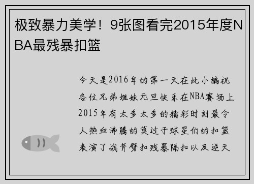 极致暴力美学！9张图看完2015年度NBA最残暴扣篮