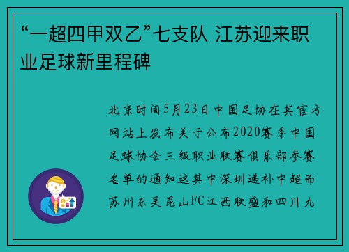 “一超四甲双乙”七支队 江苏迎来职业足球新里程碑